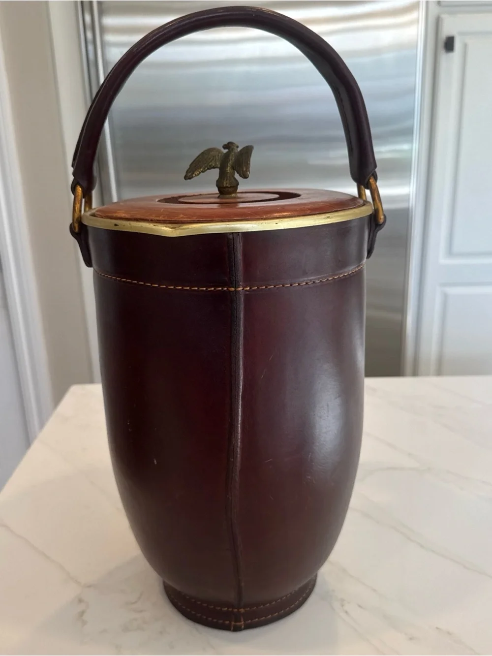 Brown Leather Barrel Ice Bucket with Eagle Finial